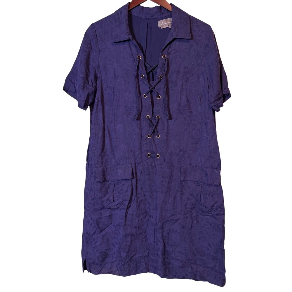 Anthropologie Jacquard Linen Blend Lace-Up Utility Shift Dress Purple Damask‎ 10